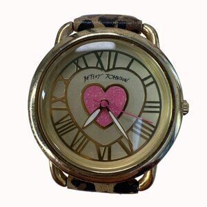 Betsey Johnson Leopard Print Gold-Tone Watch With Pink Heart Face  NOT TESTED